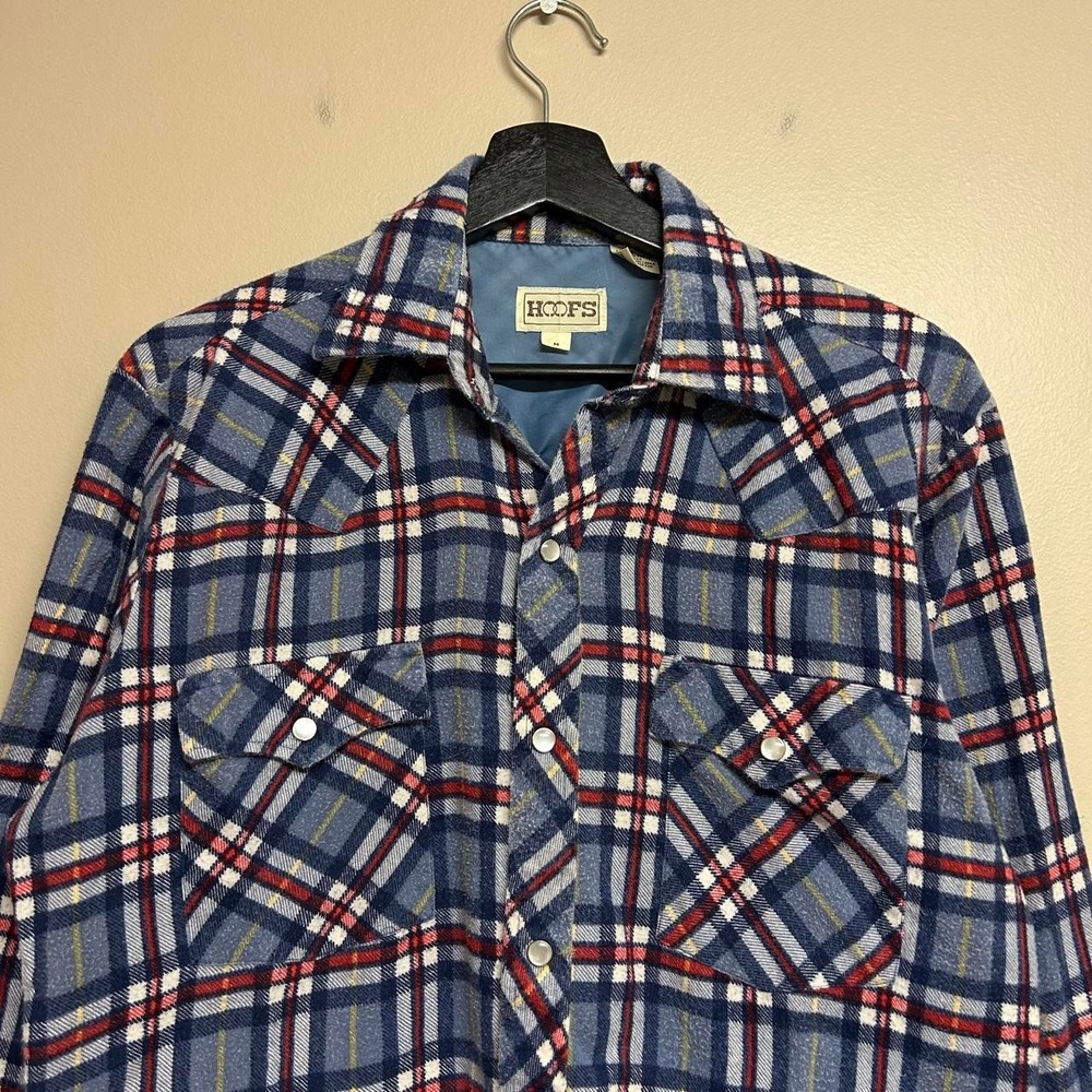 Vintage 90s Hoofs Plaid Lined Pearl Snap Flannel Shirt Mens Medium Blue Red - Picture 2 of 6